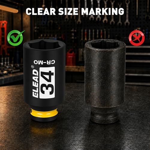 ELEAD 34 mm Socket 1/2" Drive Deep Impact Socket, Metric 6 Point 1/2-inch Drive Impact Axle Nut Sockets, CR-MO Nut Socket Set, Tools for Easy Removal of Axle Shaft Nuts - color: 34mm