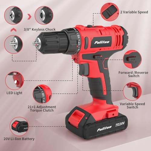 PULITUO 20V Cordless Drill/Driver, 2 Batteries Electric Screwdriver, 30Nm Power Drill Driver, 21+1 Torque, 2 Speed, 3/8"Keyless Chuck, power Drill with LED Light, Drill Driver Kit for Home (Red) - style: 20V Drill (Red)- double