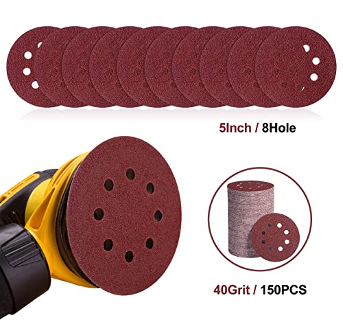 S SATC 150 PCS Sanding Discs 5-Inch 8-Hole Aluminum Oxide Sandpaper for Woodworking Hook and Loop Adhesive for Random Orbital Sander 40 Grit - style: 150PCS 5 Inch 40 Grit