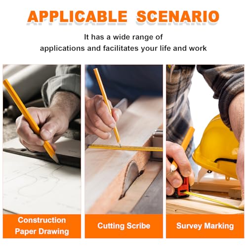 Honoson 200 Pcs Flat Construction Pencils with Printed Ruler Wood Graphite 2 Pcs Carpenter Pencil Sharpener for Woodworking Marking Tool(Wood) - color: Wood