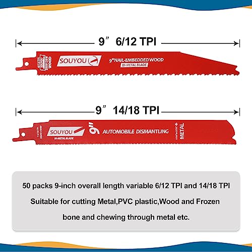 50 Pack 9 Inch 6/12 Tpi Reciprocating Saw Blades Bi-Metal Steel Demon with Perma-Shield Coating Stud and Reciprocating Saw Blades for Cutting Embedded Wood Metals PVC Pallets etc. - size: 9in 50Pack, style: 6/12 Tpi