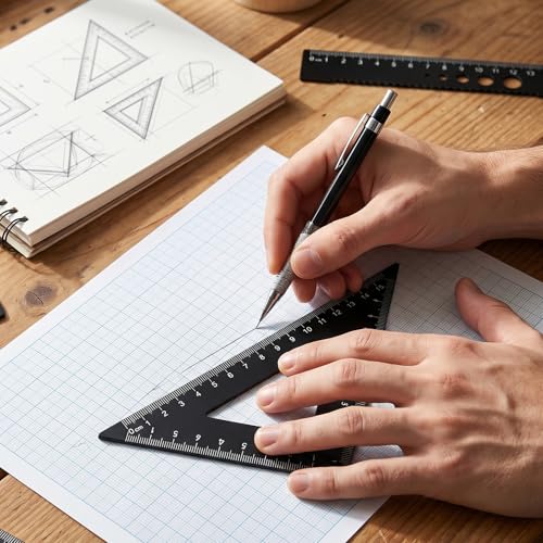 4 Pcs Metal Triangle Ruler Set, Geometry Set with Protractor and Straight Ruler, Metric 6 Inch Drawing Rulers with Storage Box Math Drafting Measuring Tool for Engineers Draftsmen Office Supplies Blac