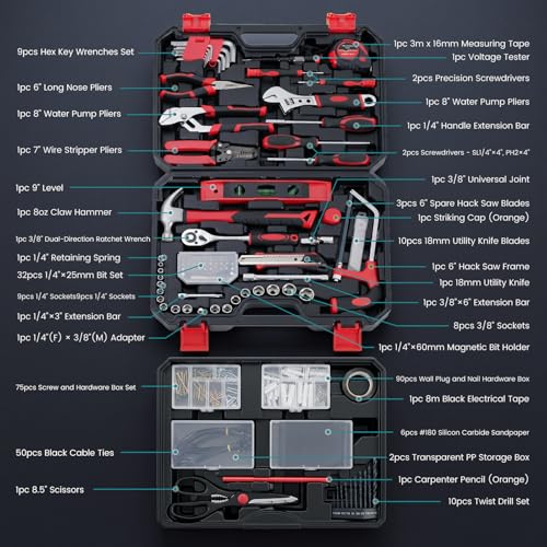 DUMOS 330-Piece Complete Homeowners Tool Box Set,Small Tool Kit for Home - color: Black Red, size: 15.7