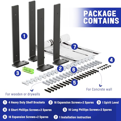 Goovilla Shelf Bracket, Floating Shelf Brackets 12 inch Long, 4 Pack, Black - size: 12 Inch, style: Black 4Pack