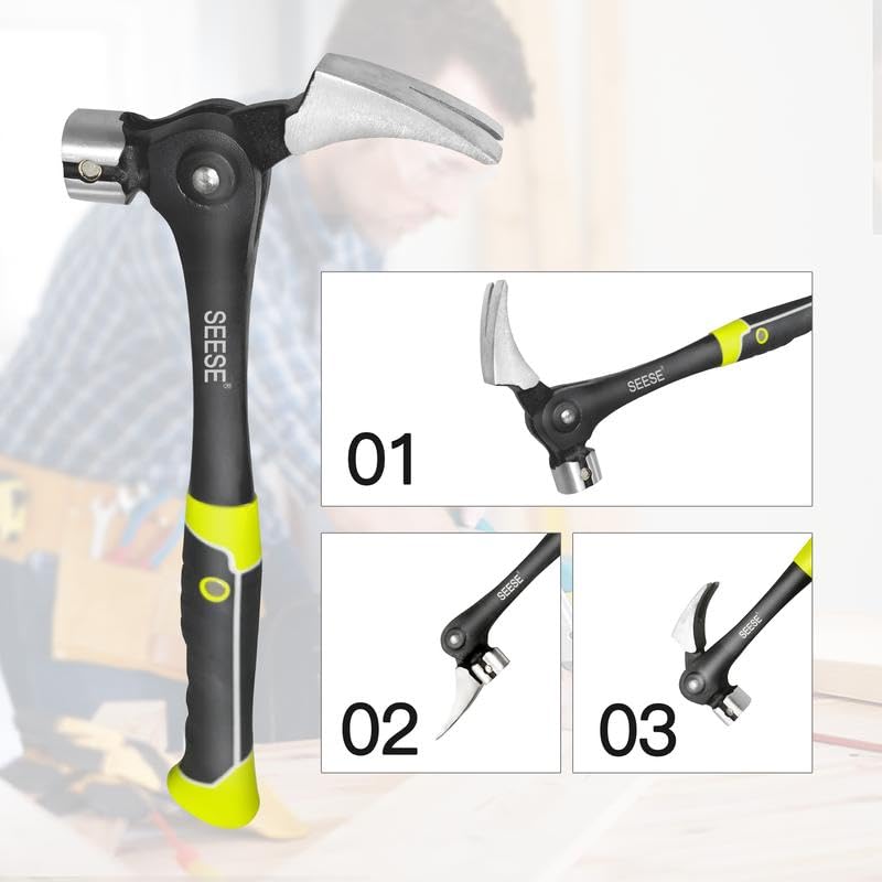 SEESE Adjustable Nail Puller Hammer: Magnetic Nail Starter, Anti-Slip Shock-Absorbing Handle - Claw Hammer for DIYers in Workshop, Construction & Remodeling