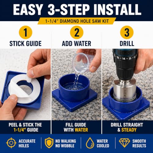 Drilax 1-1/4 Inch Diamond Hole Saw with Water Guide, Tile Drill Bit for Ceramic Porcelain Glass, Quartz Granite Countertop Drill Bit, Wet Cutting Kit with 3/8 Inch Shank - size: 1-1/4 inch