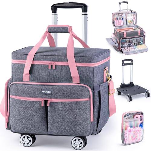 AMOIGEE Rolling Craft Bag with Wheels for Sewing Machine & Craft Supplies - color: Pink, size: With Wheels