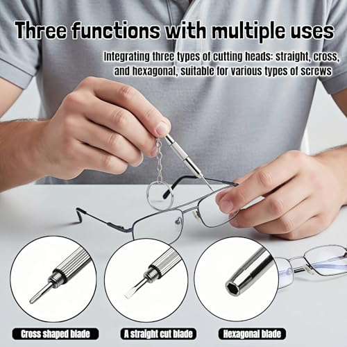 Glasses Repair Kit, 2-Pack 3-in-1 Precision Screwdriver Set with Keychain, Mini Stainless Steel Screwdriver Tool for Eyeglasses, Sunglasses, Phone, Watch, Laptop, and Jewelry (Flathead, Phillips, Hex)