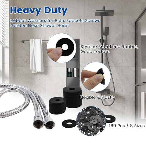 160 Pcs Flat Rubber Washers Assortment Kit, 10/10.5/12/16/18/20/25/30mm