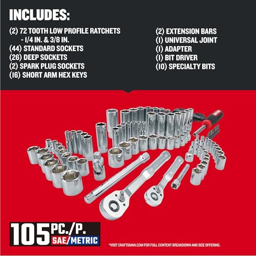 CRAFTSMAN Mechanics Tool Set 105 Pcs, Standard (SAE) and Metric with Case , 1/4 and 3/8 Inch Drive Car Tool Kit( CMMT12123)