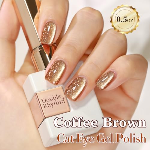 Double Rhythm 15ML Glitter Glass Cat Eye Gel Polish with Magnet Holographic Glitter Shimmer Translucent Sheer Color Salon Soak Off Magnetic Gel Polish at Home (Coffee Brown-MC1063) - color: Glitter Coffee Brown