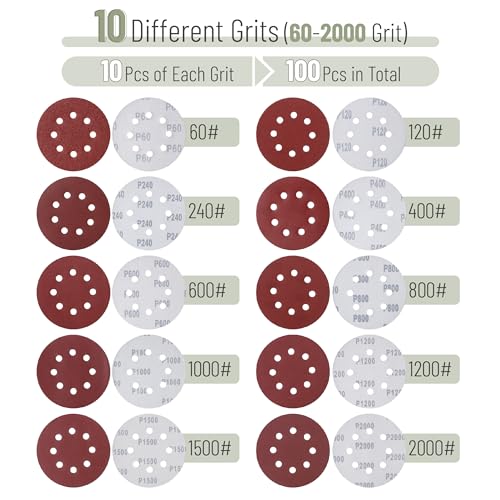 Bates- Sanding Discs, 5 Inch 8 Hole Sanding Discs, 100 Pack, Grits 60 120 240 400 600 800 1000 1200 1500 2000, Sanding Pads, Hook and Loop Sanding Disc, Round Sandpaper Discs, 5 inch Sanding - color: Red, size: 100 Pack, 60-2000 Grits