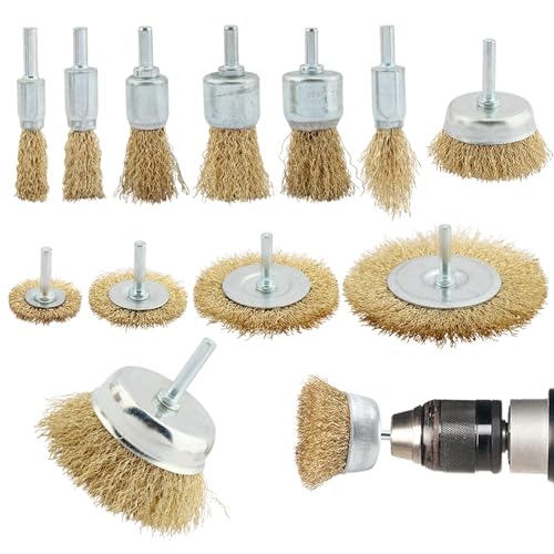 12Pcs Wire Brush Drill Attachments, Brass‑Coated Wire Wheel Cup End Brushes