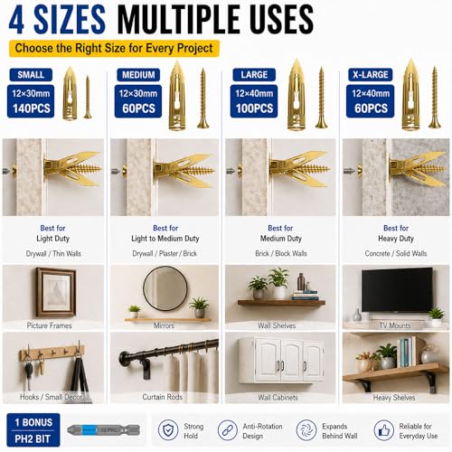 360PCS Self Drilling Drywall Anchors Heavy Duty, Self Drilling Drywall Anchors with Screws Kit, 4 Sizes Metal Dry Wall Anchors for Drywall Heavy Duty, Drywall Self Drilling Anchors with Screws