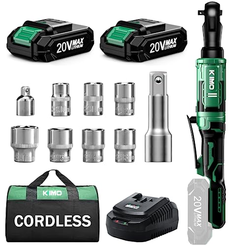 KIMO Extended Cordless Ratchet Wrench 1/2", 400RPM 40Ft-Lbs 4-Inch Long Neck Electric Ratchet Wrench Set w/Variable Speed, 7 Sockets & 1/4" Adapter, 12V Power Ratchet Wrenches with 2x2.0 Ah Batteries - color: Deep Dark Green