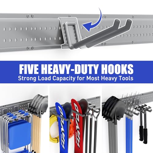 Garage Tool Organizer Wall Mount 49.5 inches with 10 Adjustable Heavy-Duty Hooks, Garage Organization, Garden Tool Storage Rack, Yard, and Shed, Holds Up to 400 lbs (Grey) - size: 49.5" | 3 Panels + 10 Hooks