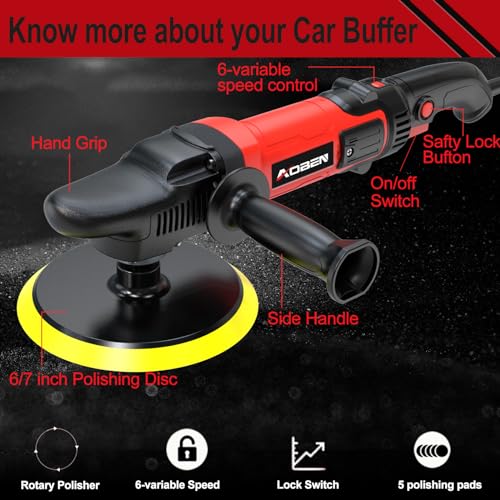 AOBEN 6/7 inch Buffer Polisher,Rotary Car Buffer,1600W Car Polisher Waxer Kit with 6 Variable Speed 1000-3500RPM & 4 Polishing Pads,Detachable Handle for Car Polishing and Waxing - size: AT3501-C1