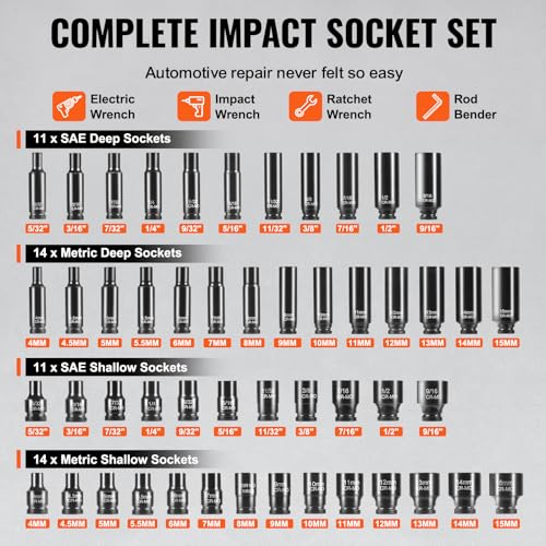 VEVOR Impact Socket Set 1/4" Drive, 55-Piece Deep & Shallow Socket Set Standard SAE (5/32 to 9/16 inch) & Metric (4 to 15 mm) Size, 6 Point, CR-V, Extension Bar, Universal Joint, Reducer - size: 1/4" 55PCS