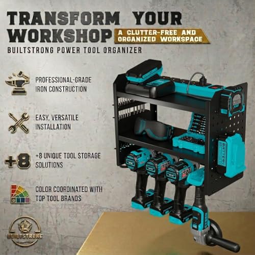 BUILTSTRONG Power Tool Organizer Wall Mount – 3-Tier Heavy-Duty Steel Rack, 4 Drill Slots, Pegboard + Utility Side, 100 lb Capacity – Garage, Workshop & Shed Storage (Black) - color: Black, size: 4 Drill Holder