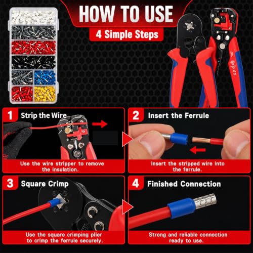Ferrule Crimping Tool Kit, Square Crimping Plier + Automatic Wire Stripper, 2000PCS Ferrule Terminal Connectors 8 Sizes, for 0.5‑10mm² Electrical Wire, Professional Crimper Set for DIY and Electrician