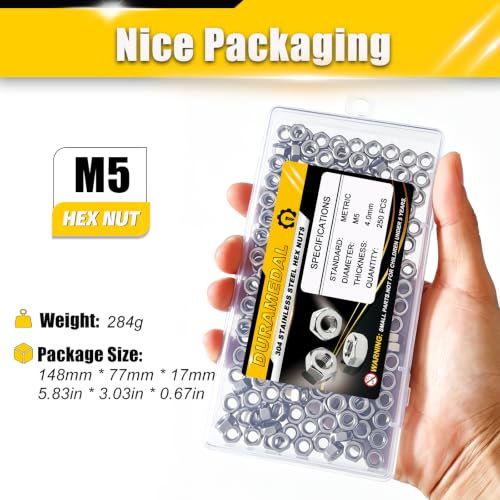 M5 Hex Nuts 250Pcs 304 Stainless Steel A2-70 Rustproof Metric - size: Metric M5;250pcs