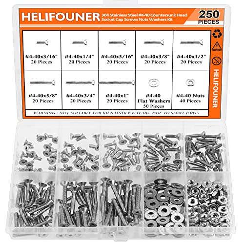 HELIFOUNER 250 Pieces #4-40 x 3/16" 1/4" 5/16" 3/8" 1/2" 5/8" 3/4" 1", Countersunk Head Socket Cap Screws Bolts Washers Nuts Kit, Coarse Thread, Fully Machine Threaded, 304 Stainless Steel - size: #4-40, style: Countersunk Head