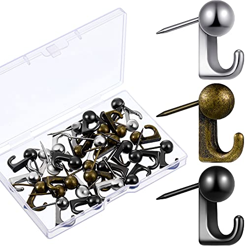 Jetec 30 Pieces Metal Push Pin Hangers Pin Wall Hooks Picture Hanging Picture Nails Frame Oil Painting Hooks on Wooden or Fabric Wall for Home or Office(Black, Silver, Bronze) - color: Black, Silver, Bronze