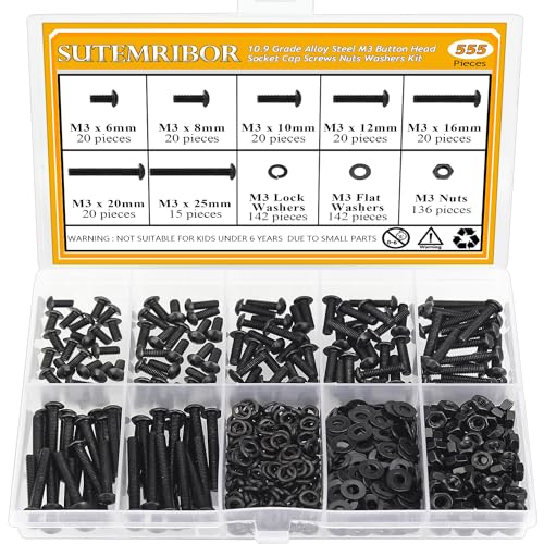 555 Pieces M3 Screws Nuts Washers Set Black, Sutemribor M3 x 6/8/10/12/16/20/25mm Button Head Socket Cap Screws Nuts Washers Assortment Kit, 10.9 Grade Alloy Steel, Fully Threaded - size: M3 x 6-25mm, style: Button Head