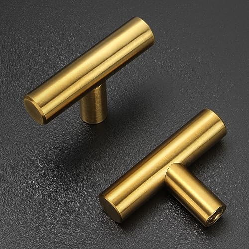 Estmoon 30 Pack Brushed Brass Cabinet Knobs Gold Drawer Pulls Stainless Steel Brushed Gold Dresser Knobs for Cabinets Cupboard Bathroom Kitchen Hardware, Single Hole T Bar Pulls, 2in Overall Length - color: Brushed Brass