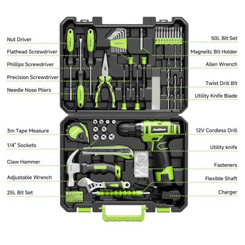 PULITUO Drill Set, 149-Piece Home Tool Set with Green 12V Cordless Drill, Tool Box, Hand Tool Kits for Women & Men and DIY Enthusiasts, for Home Improvement - style: 12V Set（Green）