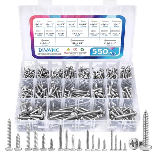550Pcs 304 Stainless Steel Wood Screws Assortment Kit, Phillips Pan Head Sheet Metal Screw Self Tapping Screws Set, #4#6#8#10#12 Wood Assorted Screws, Length 1/4" to 1-1/2" (Pan Head 550PCS) - style: Pan Head 550PCS