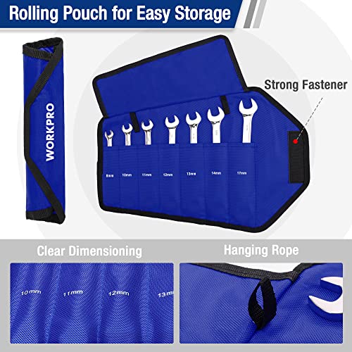 WORKPRO 7-Piece Ratcheting Combination Wrench Set, 72 Teeth, Cr-V Constructed, Combo Ratchet Wrenches Set with Roll Up Pouch, Metric 8mm-17mm (Pack of 2) - size: Metric (Pack of 2)