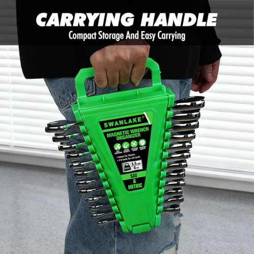 2-Piece Magnetic Wrench Organizer, Metric & SAE Portable Plastic Wrench Holder, 24-Slot Total, Foldable Carrying Handle for Wall-Mounted, Easy-Open Lock Cover, Wrenches Storage Rack Tool for Tool Box - style: 2PCS Green&Black