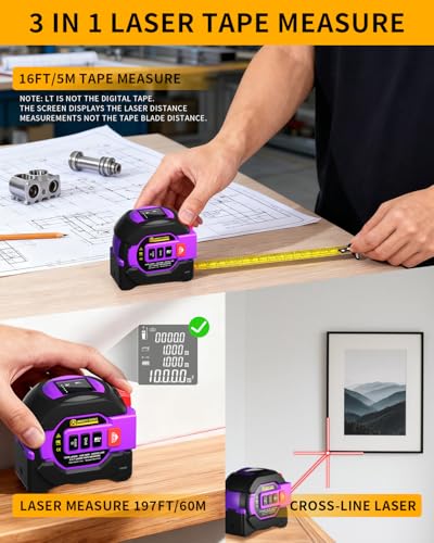 3 in 1 Digital Laser Tape Measure, 197ft/60m Laser Distance Meter, 16ft/5m Digital Tape Measure with Cross Line, AutoLock, ft/in/m Unit Switch, Measure Area, Volume, Pythagorean