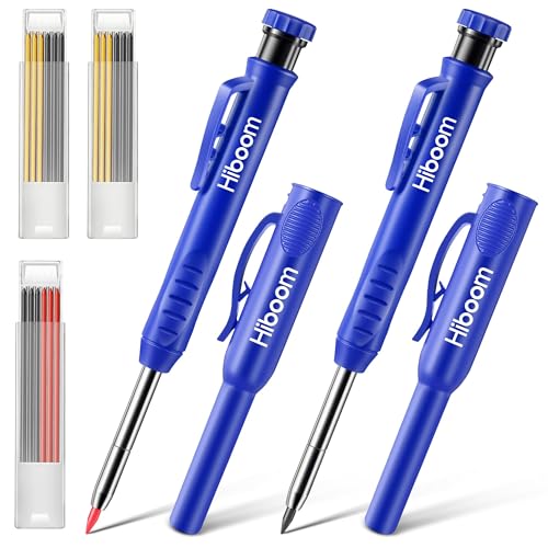 Hiboom 2 Pack Carpenter Pencils with Pencil Cap and 18 Refills, Blue - color: Blue