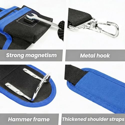 Magnetic Tool Belt, Heavy Duty Tool Pouch for men Magnet Holster Nail Utility Toolbelt Adjustable Waist Holder for Handyman Contractor (26 pockets with suspenders) (Blue) - color: Blue