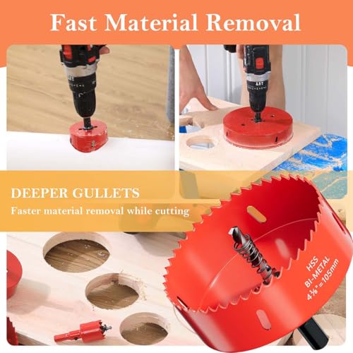 4-1/8 inch Bi-Metal Hole Saw Drill Bit - Ideal for Circular Cuts in Wood, Plastic, and Sheet Metal - 1-3/16" Cutting Depth - Includes Arbor and Pilot Bit - size: 4-1/8"(105mm)