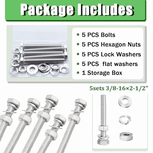 5 Sets 3/8-16 × 2-1/2" Stainless Steel Hex Head Screws Bolts, Nuts, Flat & Lock Washers,18-8(304) Full Thread - color: Silver, size: 3/8-16×2-1/2" (5 Sets)