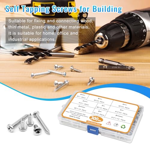 300PCS Stainless Steel Wood Screws Assortment Kit, 9 Sizes #4#6#8#10#12 Truss Head Sheet Metal Screws for Wood Deck Drywall Concrete Screws, Length 1/4" to 1-1/2" - style: Silver Truss Head 300PCS