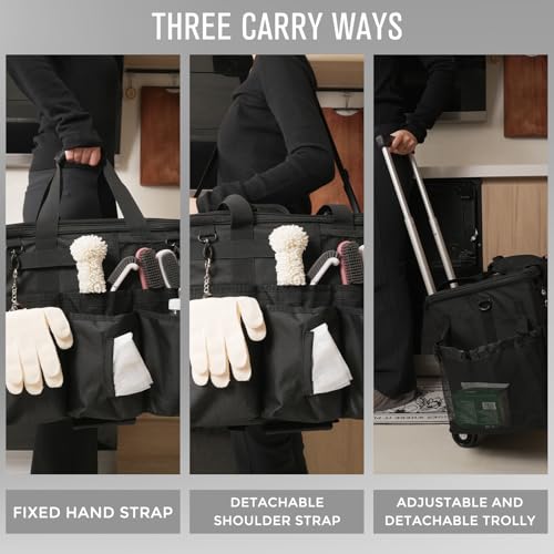 SCAVATA Rolling Cleaning Caddy Bag with Detachable Trolley, Large Cleaning Supplies Organizer with Wheels, Multi Pocket Cleaning Cart with Adjustable Shoulder Strap for Housekeepers & Home Use, Black - color: Black