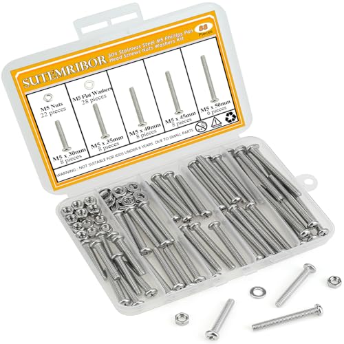 88 Pieces M5 x 30/35/40/45/50mm Machine Screws Nuts Washers Set, Sutemribor M5 Long Screws, M5 Phillips Pan Head Machine Screws Nuts Washers Assortment Kit, 304 Stainless Steel, Fully Threaded - size: M5 Long Screws Kit, style: Phillips Pan Head