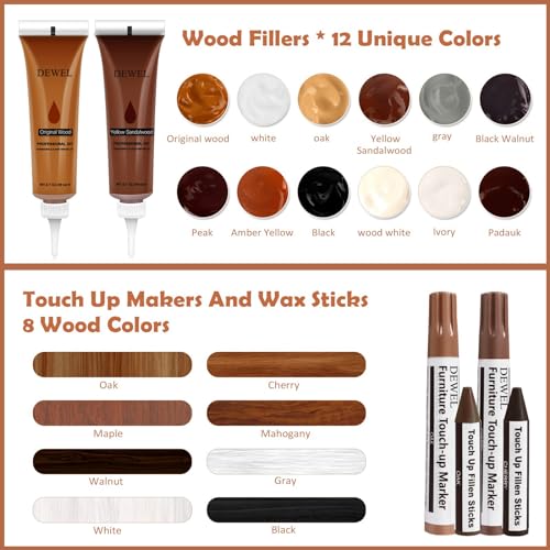 DEWEL Wood Furniture Repair Kit, New Upgrade Wood Fillers, Furniture Touch Up Markers, Wax Sticks, Wood Putty with Beeswax for Cracks, Wood Hole, Scratches, Floor, Table, Door - color: 12+8+8