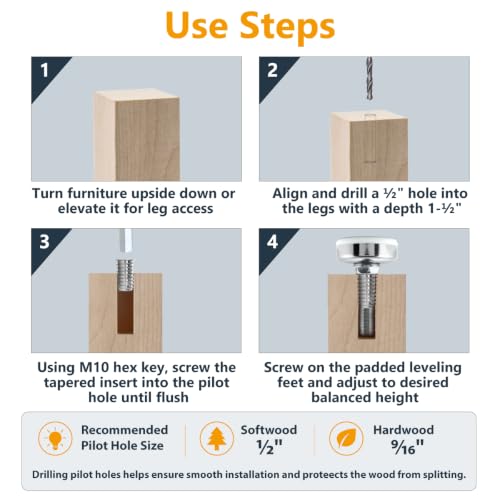 POWERTEC Threaded Leveling Feet 4PK with 3/8"-16 Threaded Inserts, Heavy Duty Adjustable Furniture Levelers with Large Nylon Foot for Cabinets, Benches, Tables & More (71189) - size: Leveling Feet Insert, Set of 4