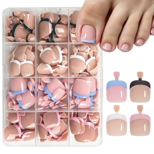 288Pcs French Tips Press on Toenails Solid Color Full Cover Acrylic Fake Toenails Press ons Set Short Square False Nail Glossy 4 Color Reusable Artificial Toe Nail Kit for Women Manicure - color: Style-19