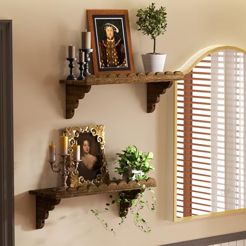 QsQueen Scalloped Wood Wall Shelf – 17 Inch Floating Shelf with Wood Brackets, Easy to Install Rustic Wall Shelf for Living Room, Bedroom, Bathroom, or Any Space - color: Brown