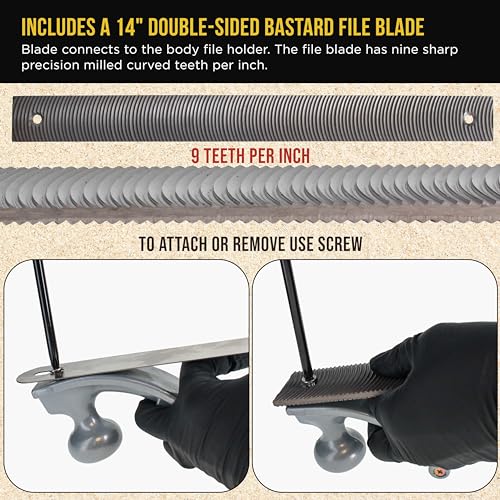 Dura-Gold Adjustable Flexible Body File Holder with 14" Double-Sided Bastard File Blade, 9 Teeth Per Inch - Adjusts to Curved Convex or Concave for Shaping, Smoothing, and Filing Contoured Surfaces - style: Holder