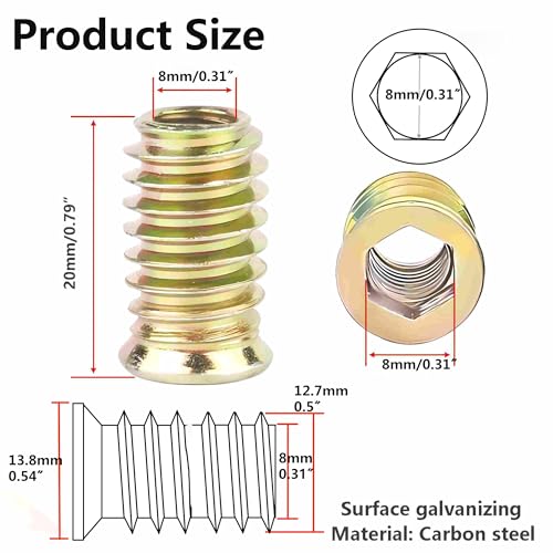 20Pcs 5/16"-18 x 20mm Metal Nut Inserts Threaded Wood Bolt Fastener Screw Connector Hex Socket Drive for Wood Furniture Building Repair Assortment (with Hex Spanner) - size: 5/16"-18 x20mm