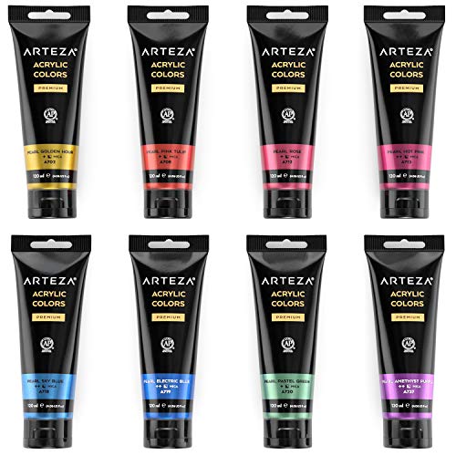 Arteza Metallic Acrylic Paint, Set of 8 Jewel Tones Colors in 4.06oz Tubes, Rich Pigments, Non Fading, Paints for Artists and Hobby Painters - style: 8 x 120ml (4.06 fl oz) Jewel