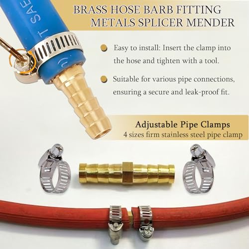 30PCS Brass Hose Barb Fittings, Barb Fitting Metals Splicer Mender, Barbs Splicer Mender Hose Fittings with 60Pcs Stainless Steel Pipe Hose Clamps for Air/Fuel/Water/Oil Hose