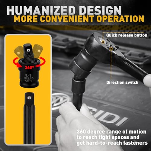 ELEAD 3/8" Drive Impact Socket Set - 50-Piece SAE (5/16" to 3/4") & Metric (8-22mm), 6-Point CR-V Steel Deep & Shallow Sockets with Ratchet Handle, Universal Joint, Extension Bar, Adapter - color: 3/8'' Drive Impact Socket Set Black